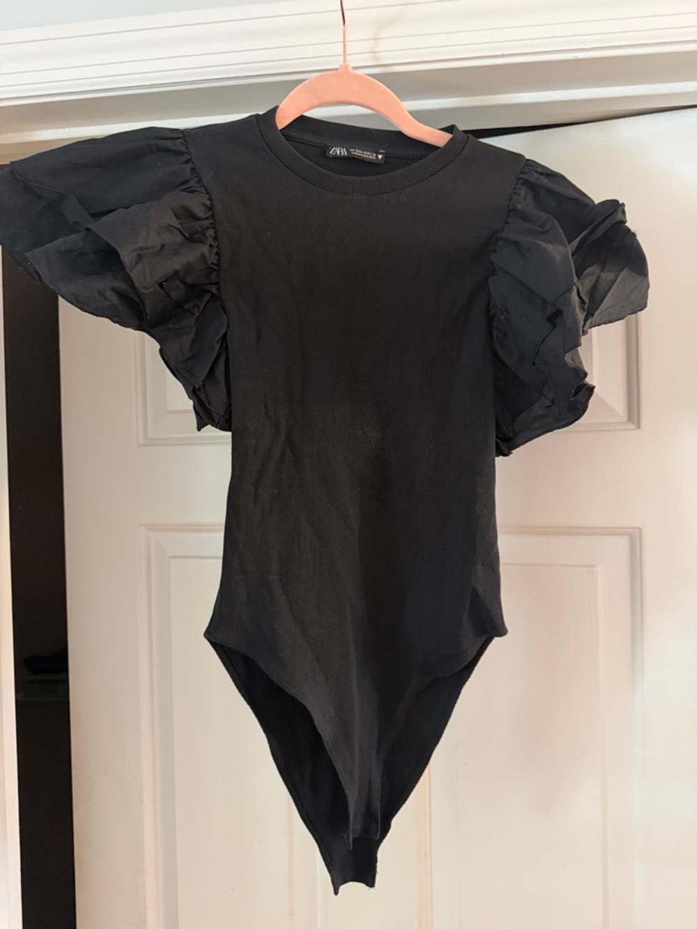Zara Black Ruffle-Sleeve One-Piece Bodysuit